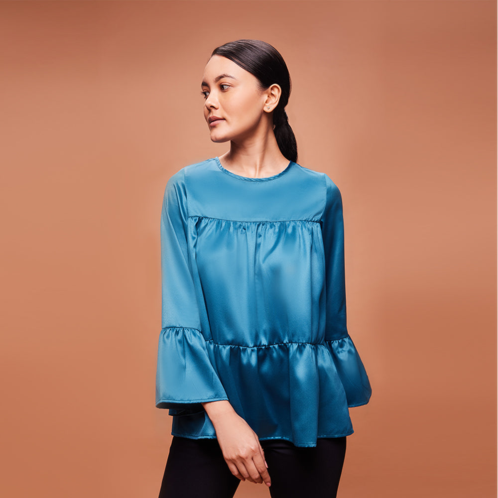 Bombay High Women's Teal Blue Round Neck Bell Sleeves Tiered Top