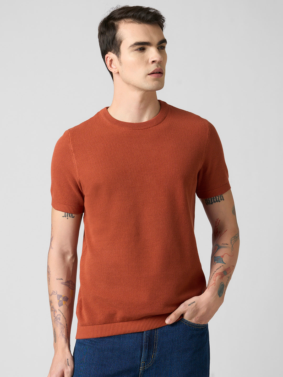 Bombay High Men's Premium Cotton Solid Cinnamon Brown Knit T-Shirt