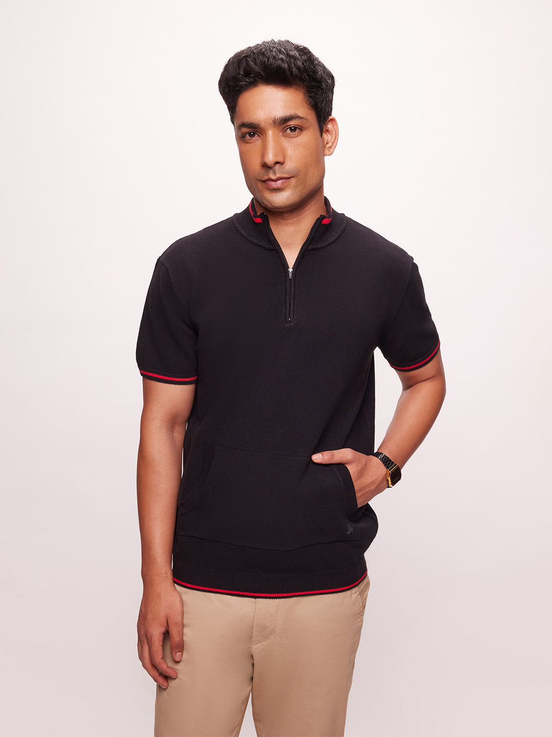 Bombay High Men's Premium Cotton Half Zip Neck Knit Polo T-Shirt