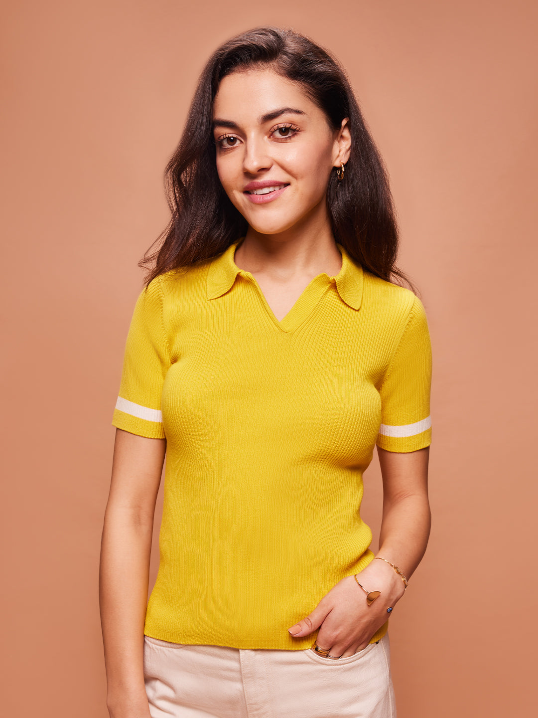 Bombay High Women's Yellow & White Premium Cotton Blend Solid Ribbed Collar Polo T-Shirt