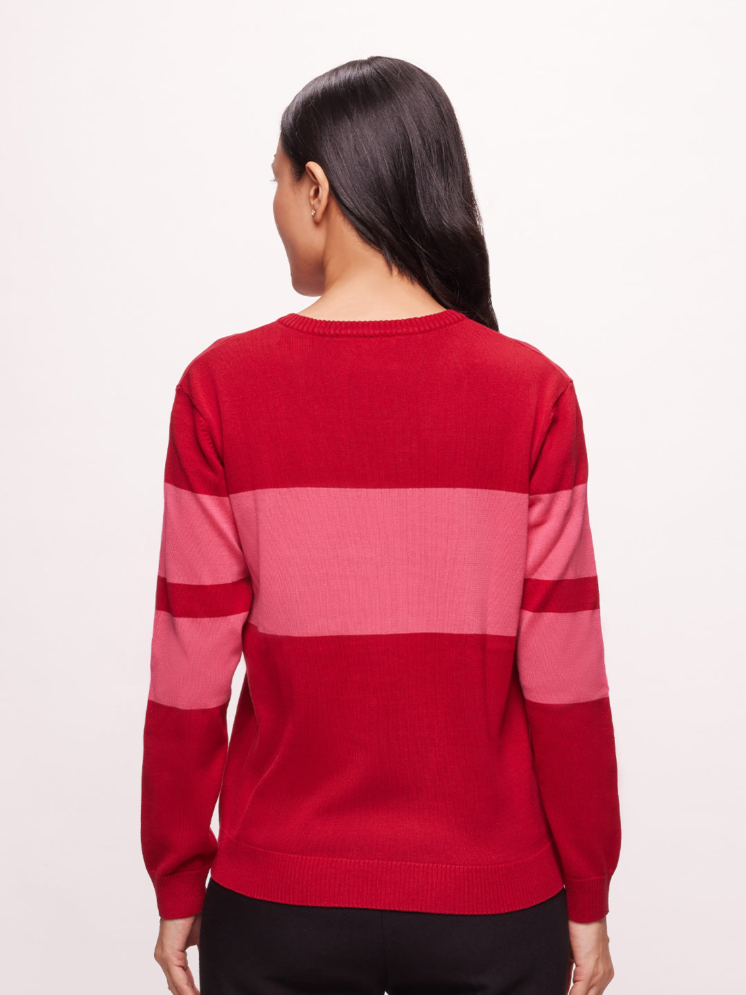 Bombay High Women's Premium Cotton Red & Pink Color Block Patterned V Neck Pullover