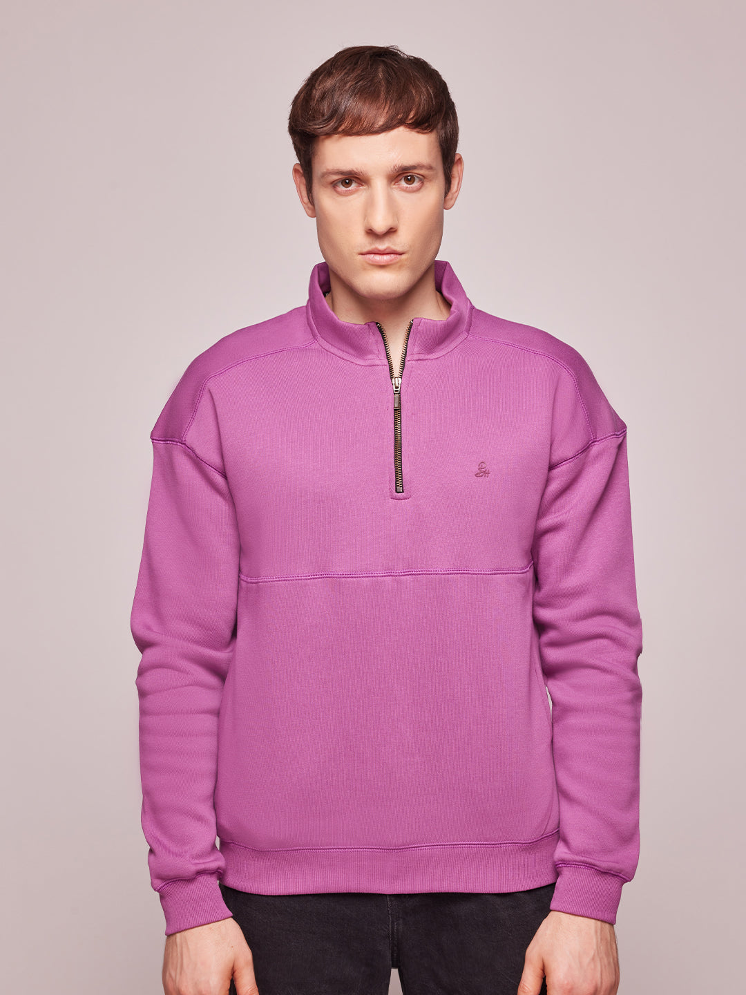 Bombay High Men's Solid Purple Half Zip Knit Sweatshirt
