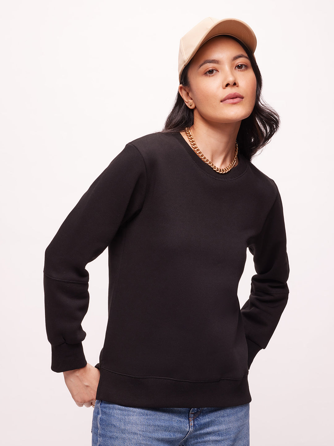Bombay High Women's Black Premium Cotton Blend  Solid Knit Sweatshirt