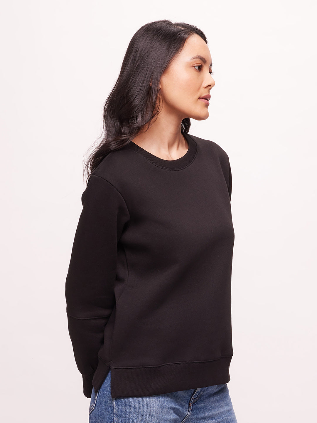 Bombay High Women's Black Premium Cotton Blend  Solid Knit Sweatshirt