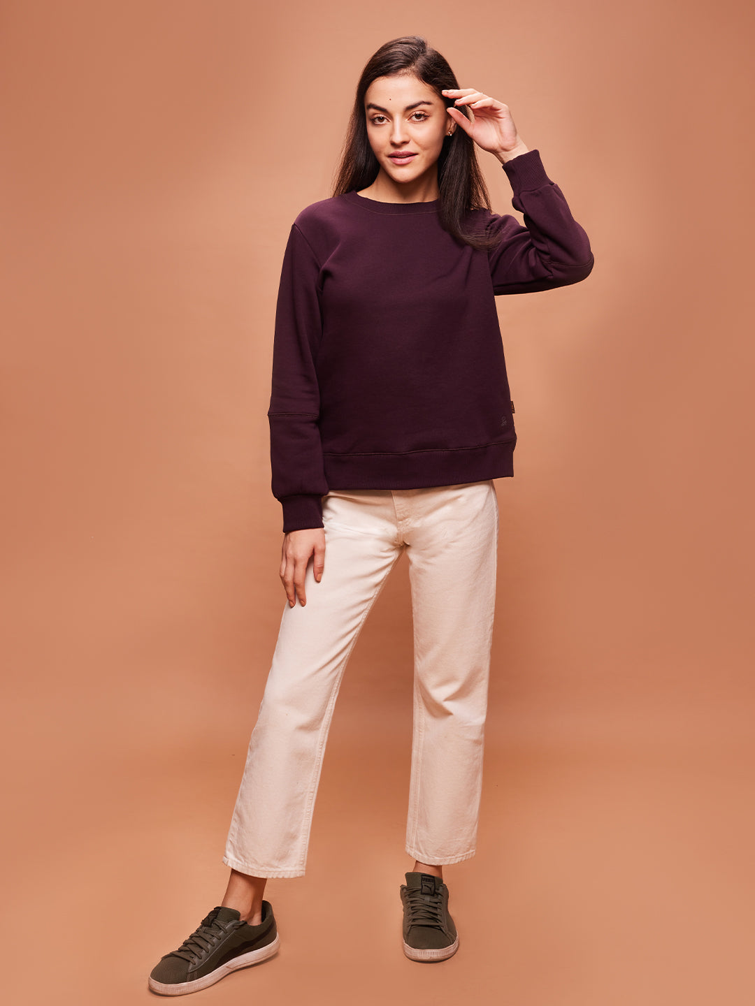 Bombay High Women's Maroon Premium Cotton Blend  Solid Knit Sweatshirt