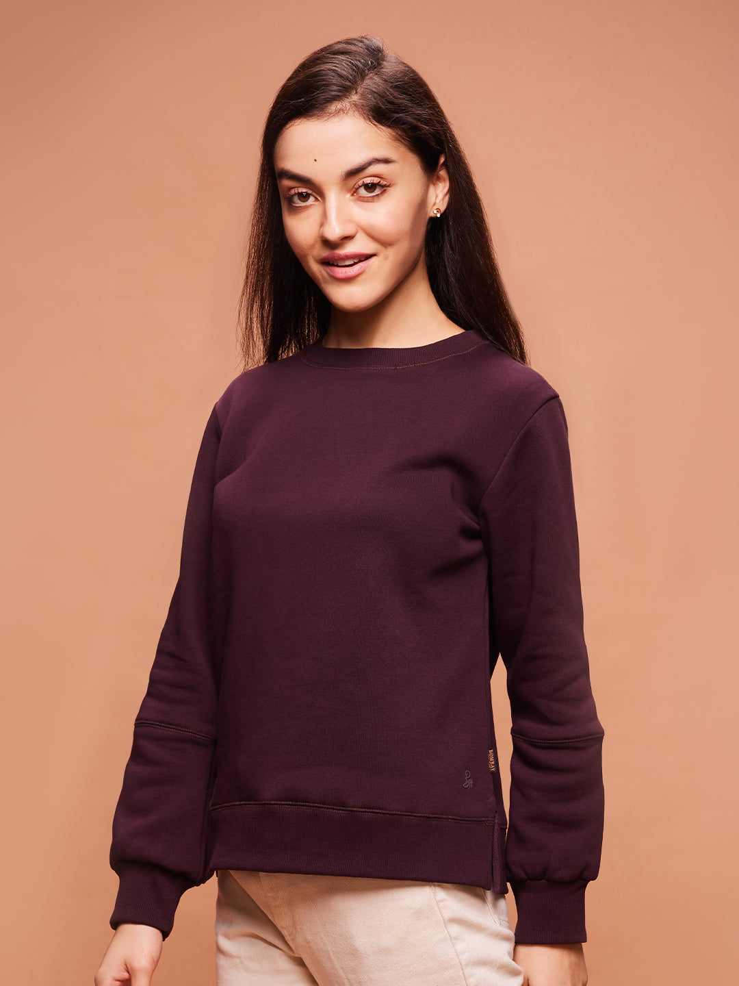 Bombay High Women's Maroon Premium Cotton Blend  Solid Knit Sweatshirt