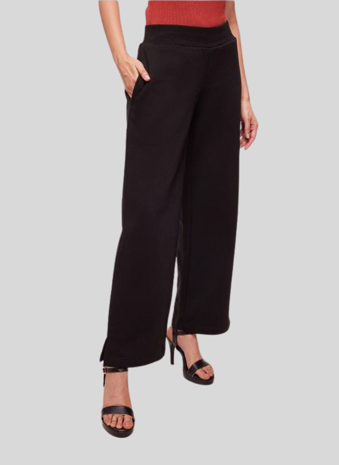 Bombay High Black Women's Premium Cotton Solid Knit Wide Leg All Day Pants