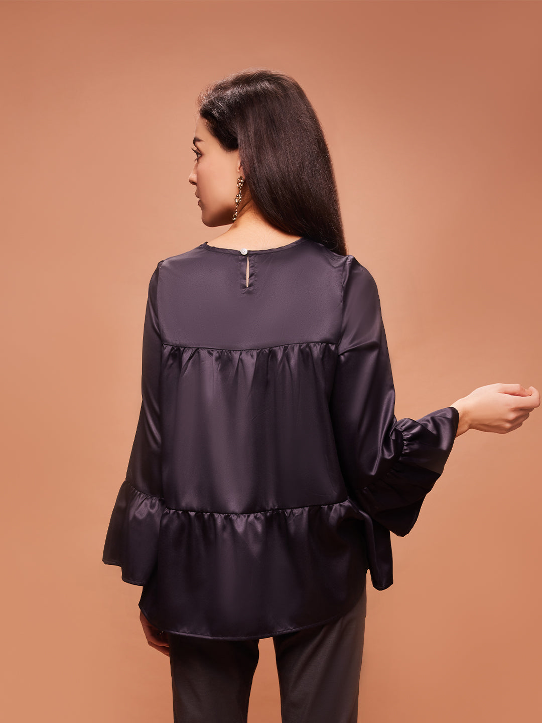 Bombay High Women's Dark Charcoal Round Neck Bell Sleeves Tiered Top