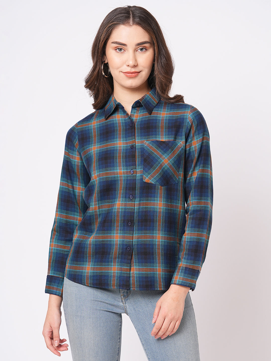 Bombay High Women's Navy Blue Chequered Relaxed Fit Full Sleeves Shirt