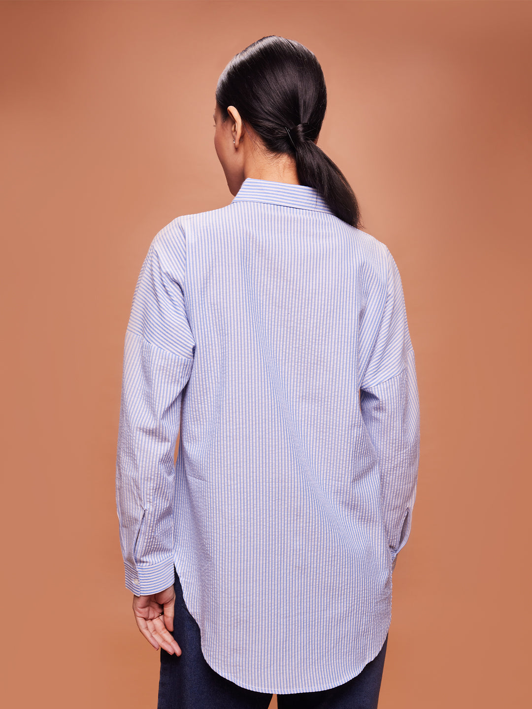 Bombay High Women's Blue Oversized High- Low Hem Striped Shirt