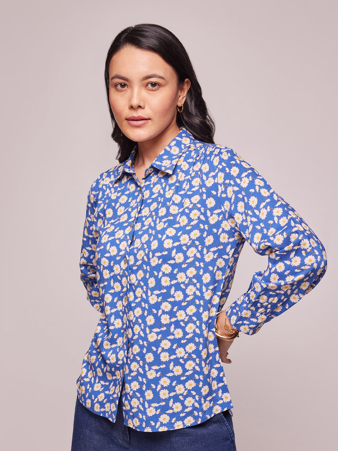 Bombay High Women's Lapis Blue Full Sleeve Floral Print Relaxed Fit Shirt