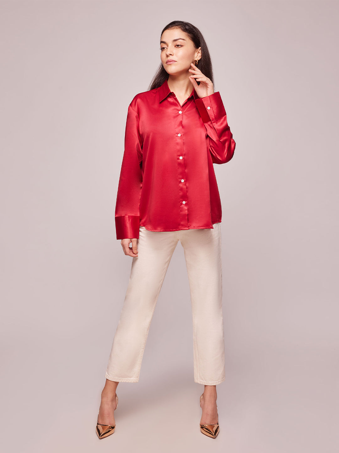 Bombay High Women's Ruby Red Solid Satin Shirt