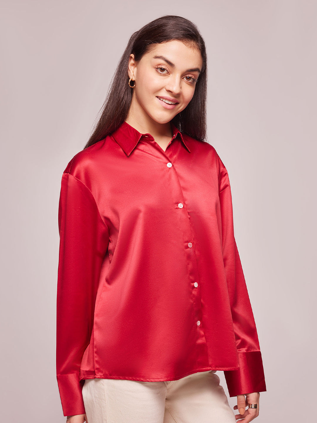 Bombay High Women's Ruby Red Solid Satin Shirt