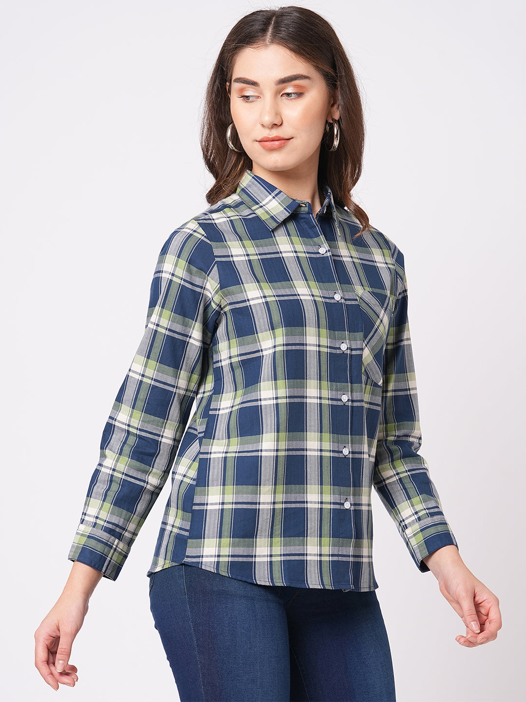 Bombay High Women's Dark Blue Chequered Relaxed Fit Full Sleeves Shirt