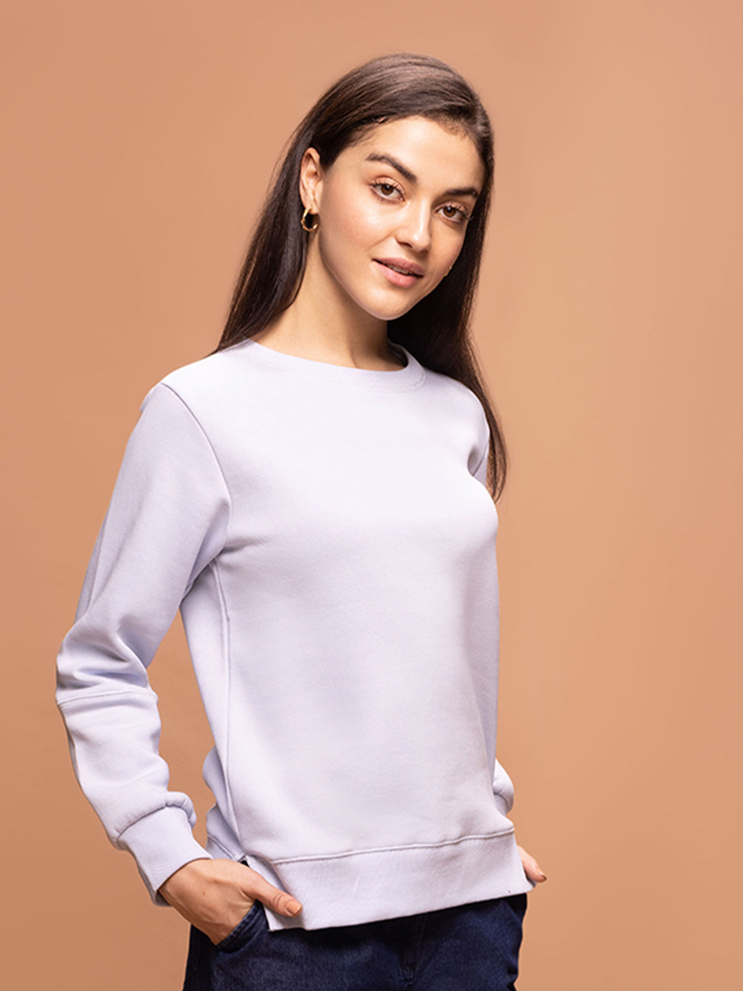 Bombay High Women's Sky Blue Premium Cotton Blend  Solid Knit Sweatshirt