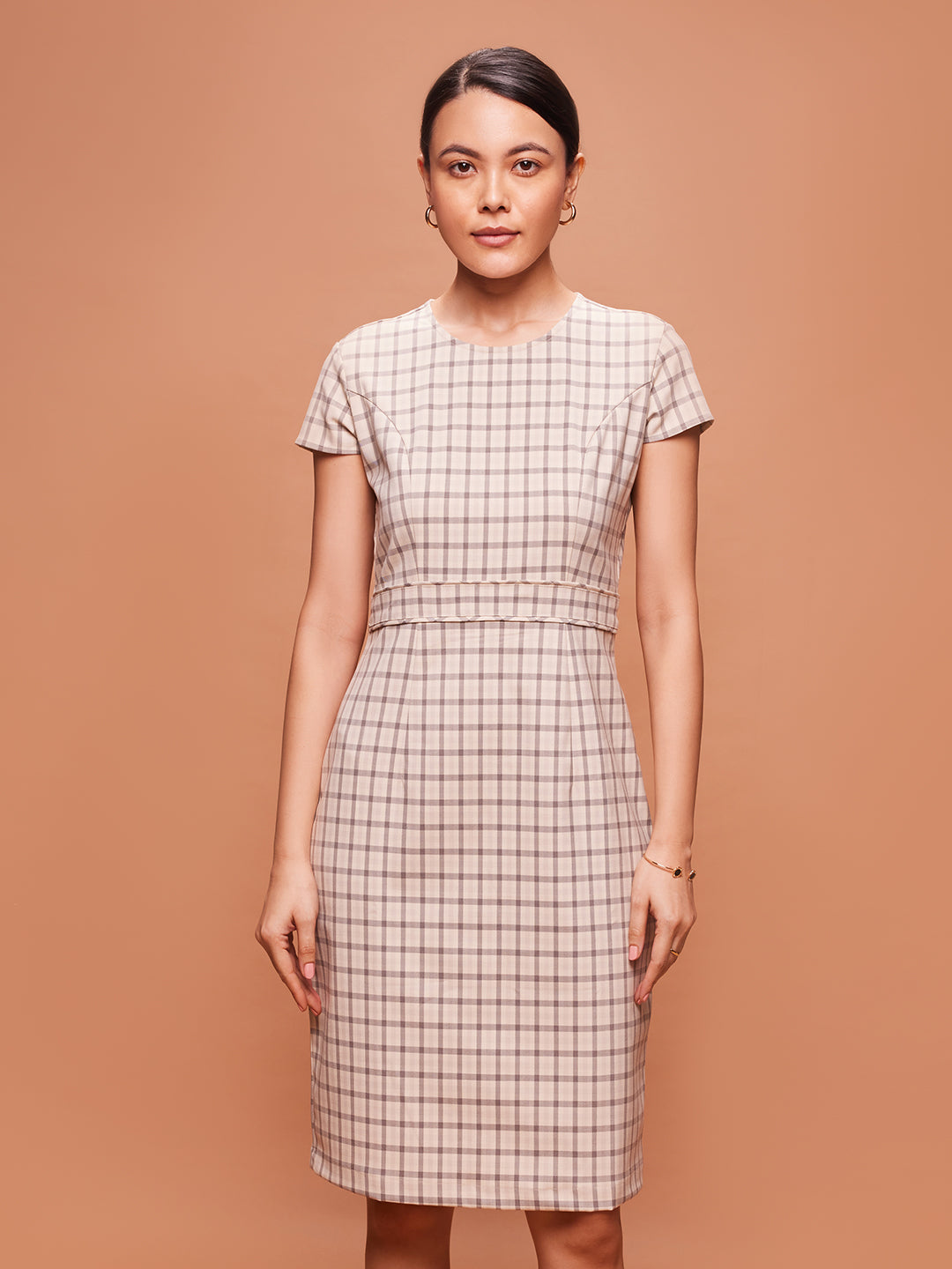 Bombay High Women's Chequered Beige Fitted Dress