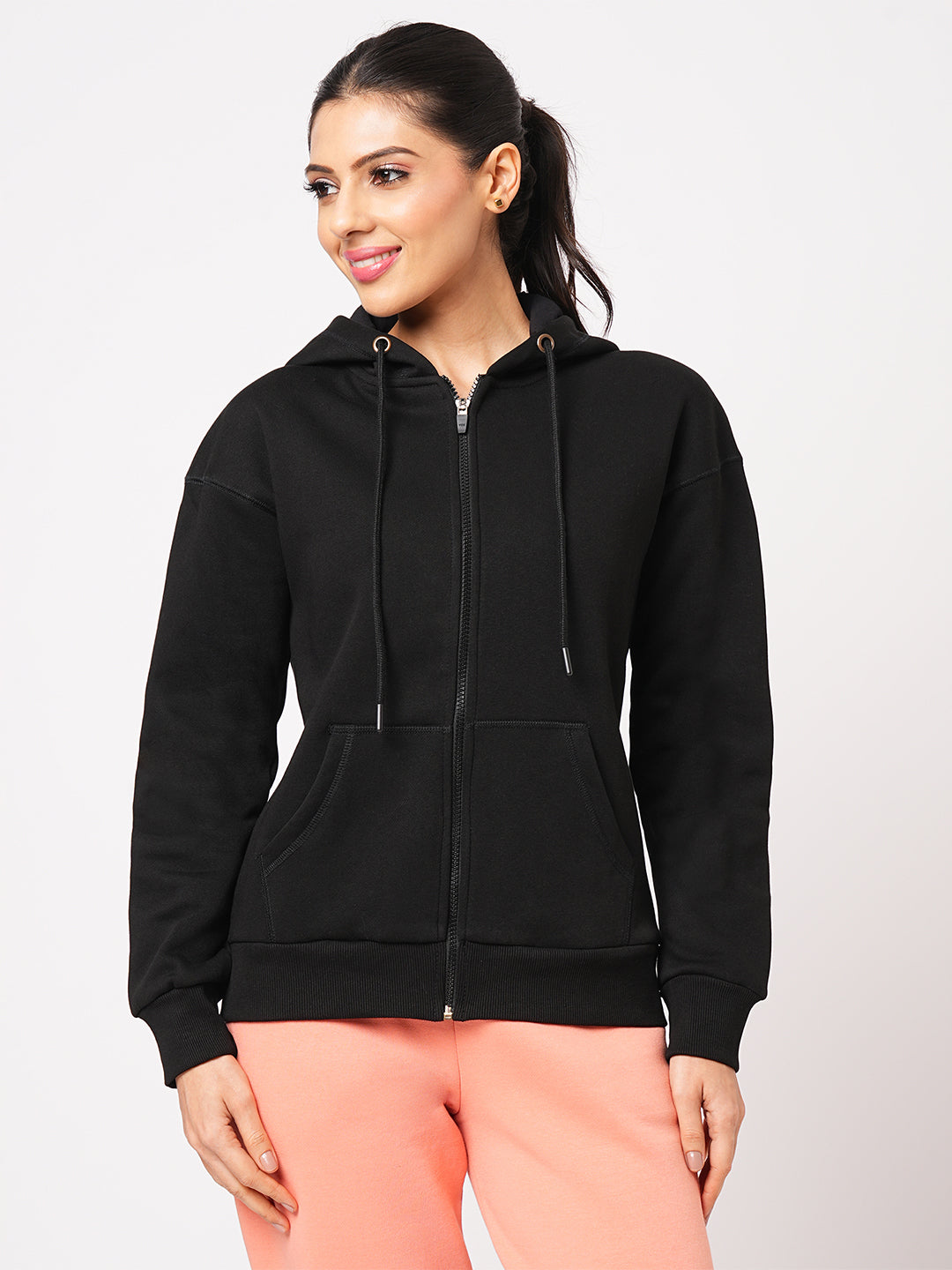 Bombay High Women's Solid Black Knit Hoodie Jacket