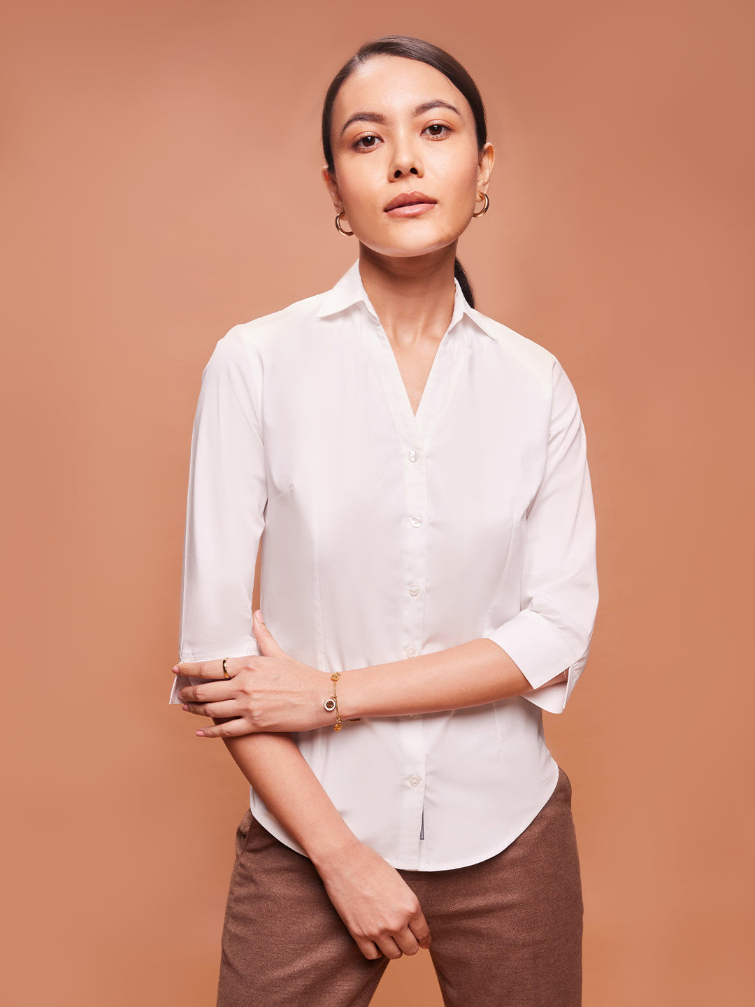 Bombay High Women's Bright White Y-Placket 3/4th Sleeves Shirt