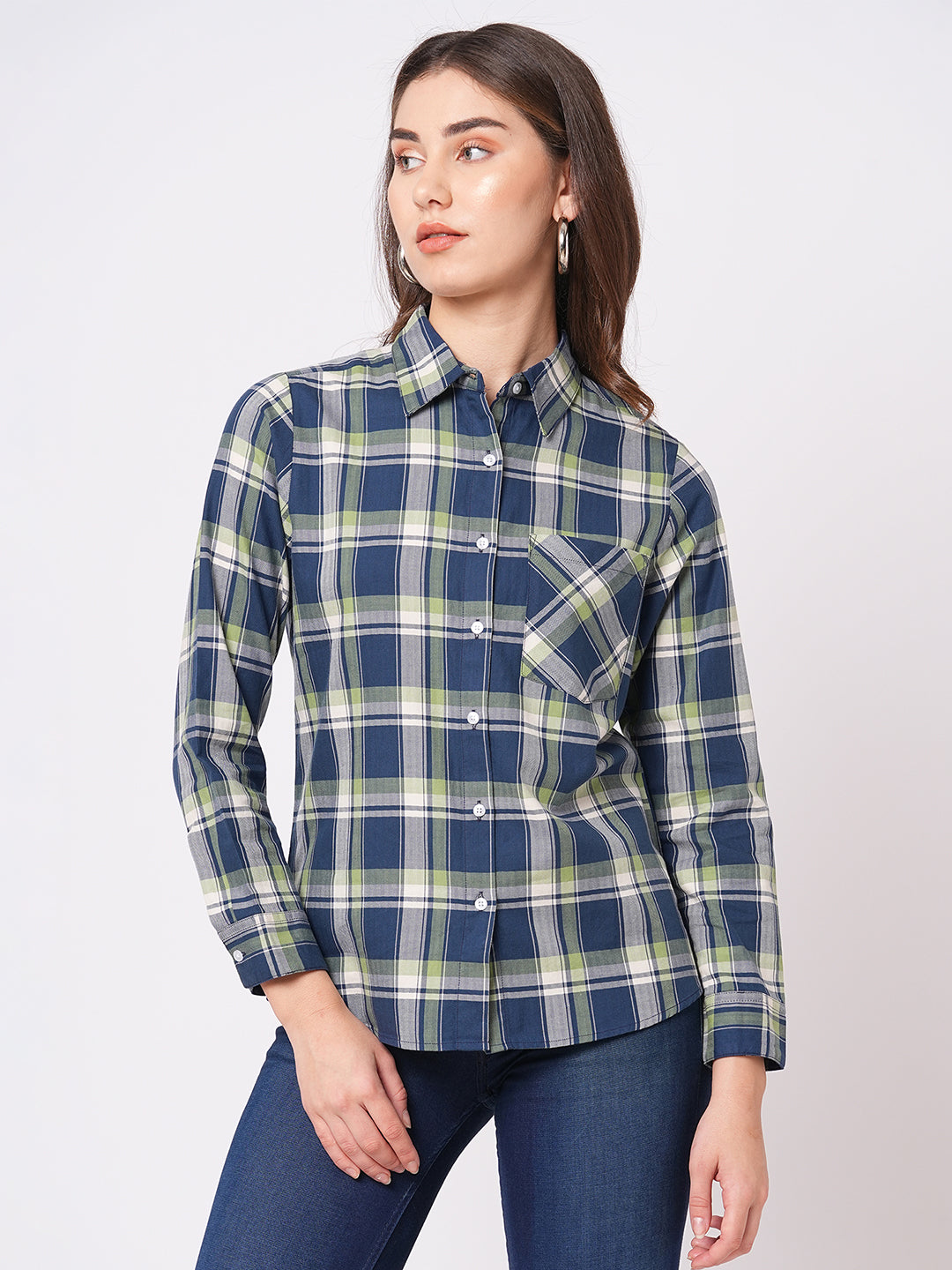 Bombay High Women's Dark Blue Chequered Relaxed Fit Full Sleeves Shirt