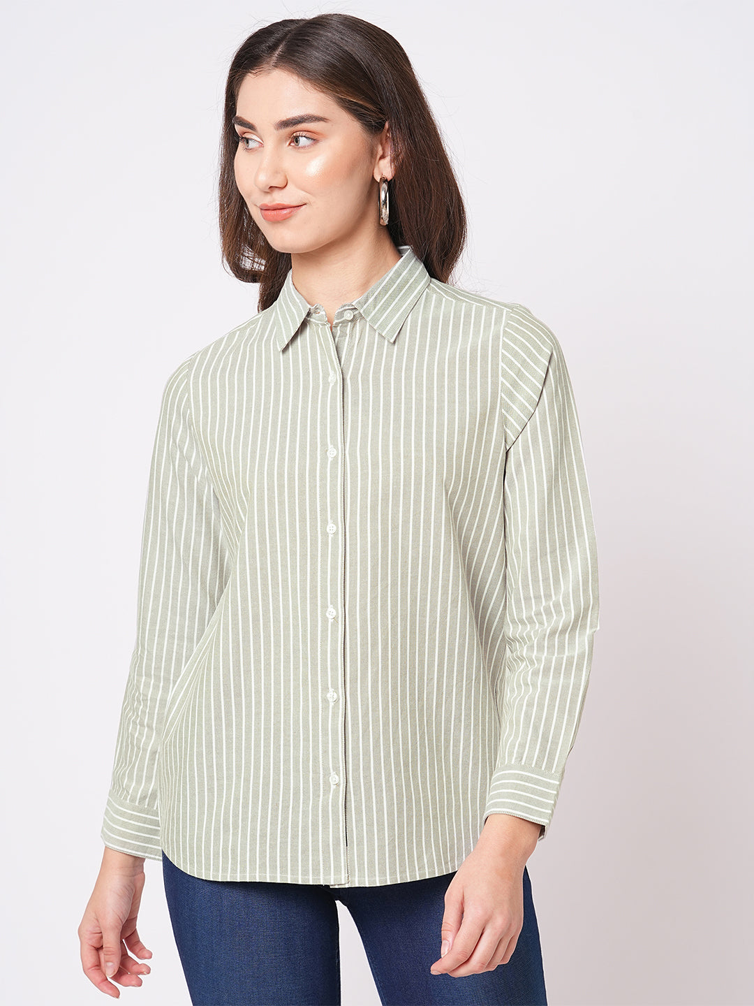Bombay High Women's Sage Green Premium Cotton Striped Relaxed Fit Shirt