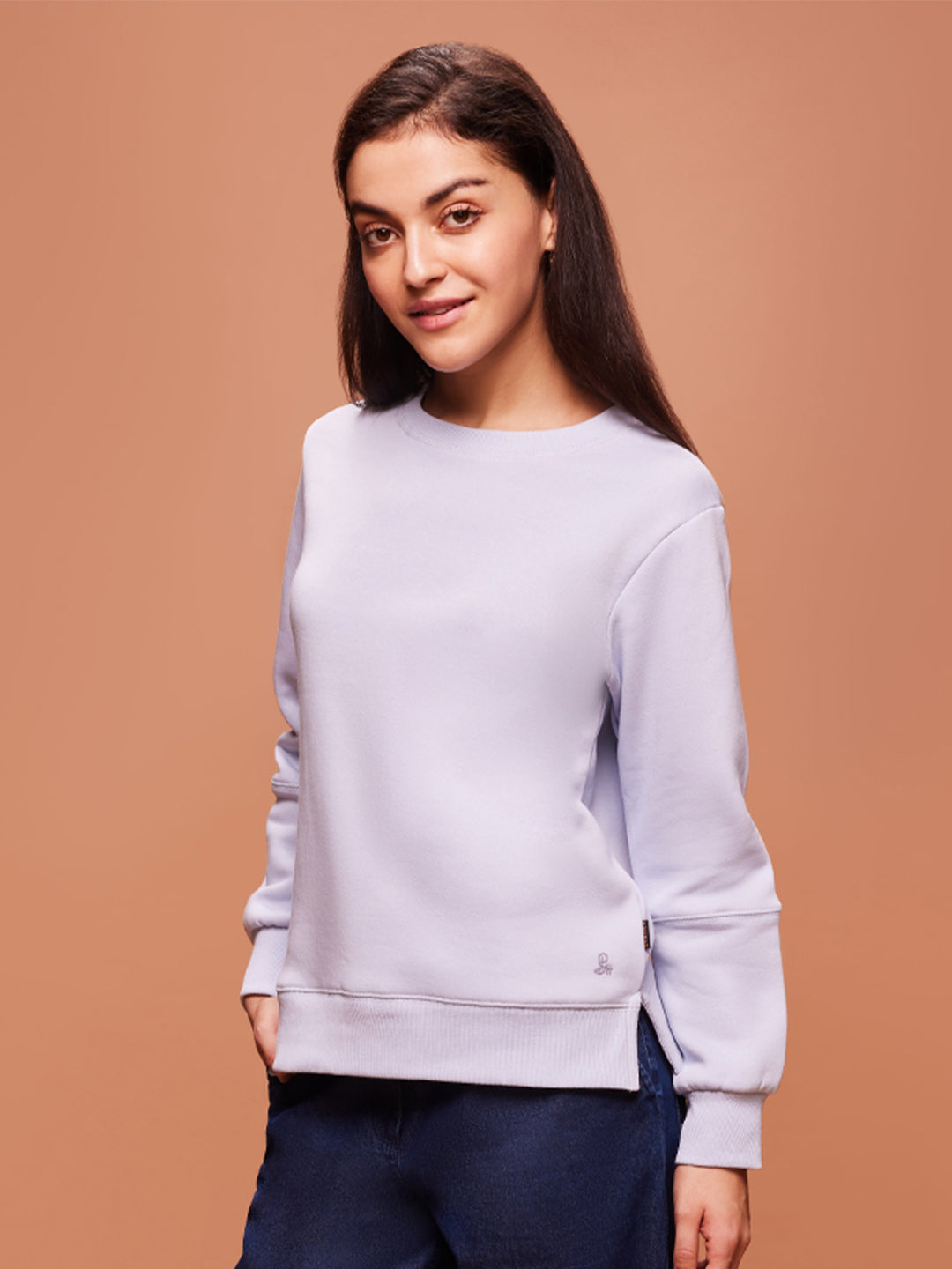 Bombay High Women's Sky Blue Premium Cotton Blend  Solid Knit Sweatshirt