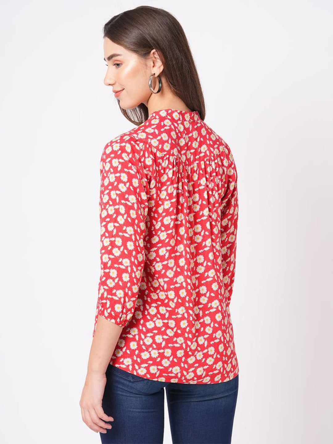 Bombay High Women's Floral Print Premium Viscose Band Collar Puffed Sleeve Shirt