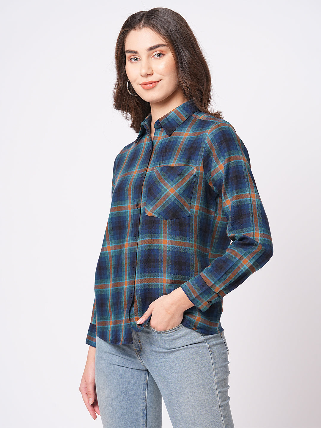Bombay High Women's Navy Blue Chequered Relaxed Fit Full Sleeves Shirt
