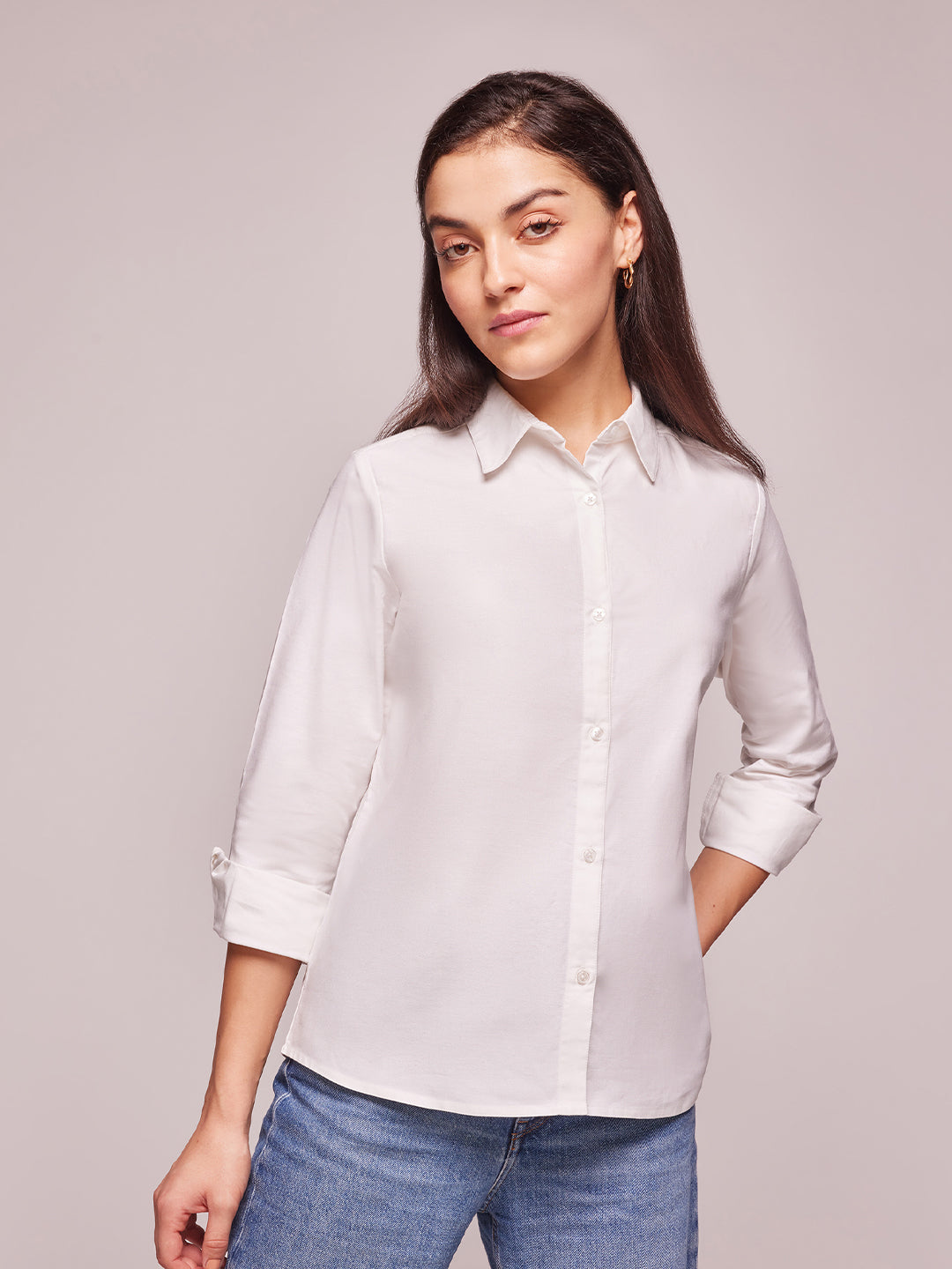 Bombay High Women's Premium Cotton Solid Bright White Oxford Shirt