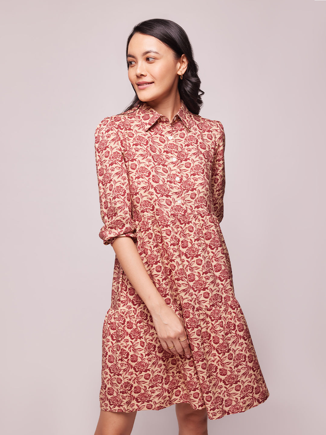 Bombay High Women's Vintage Beige Floral Print Short Length Tiered Dress