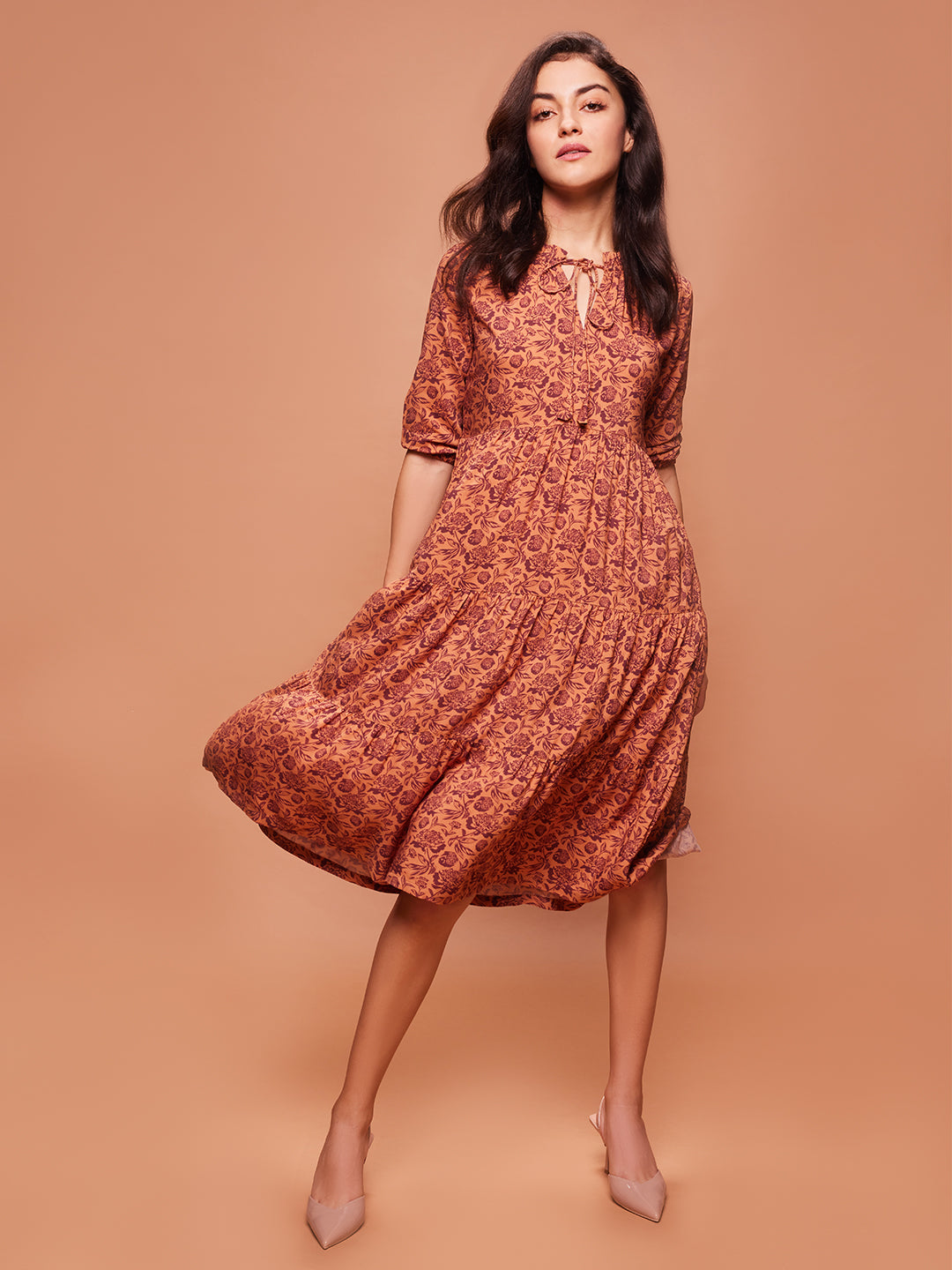 Bombay High Women's Coco Brown Floral Print Premium Viscose Midi Length Dress