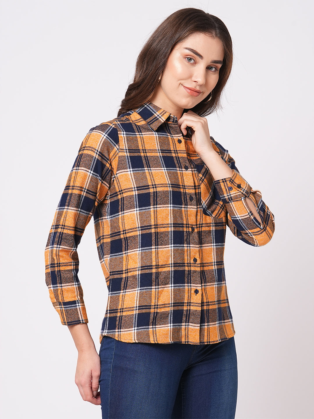 Bombay High Women's Saffron Chequered Relaxed Fit Full Sleeves Shirt