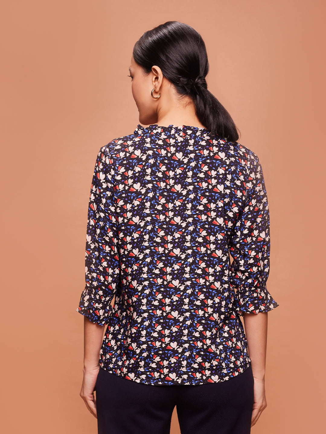 Bombay High Women's Black Floral Print Ruffled Neck Shirt