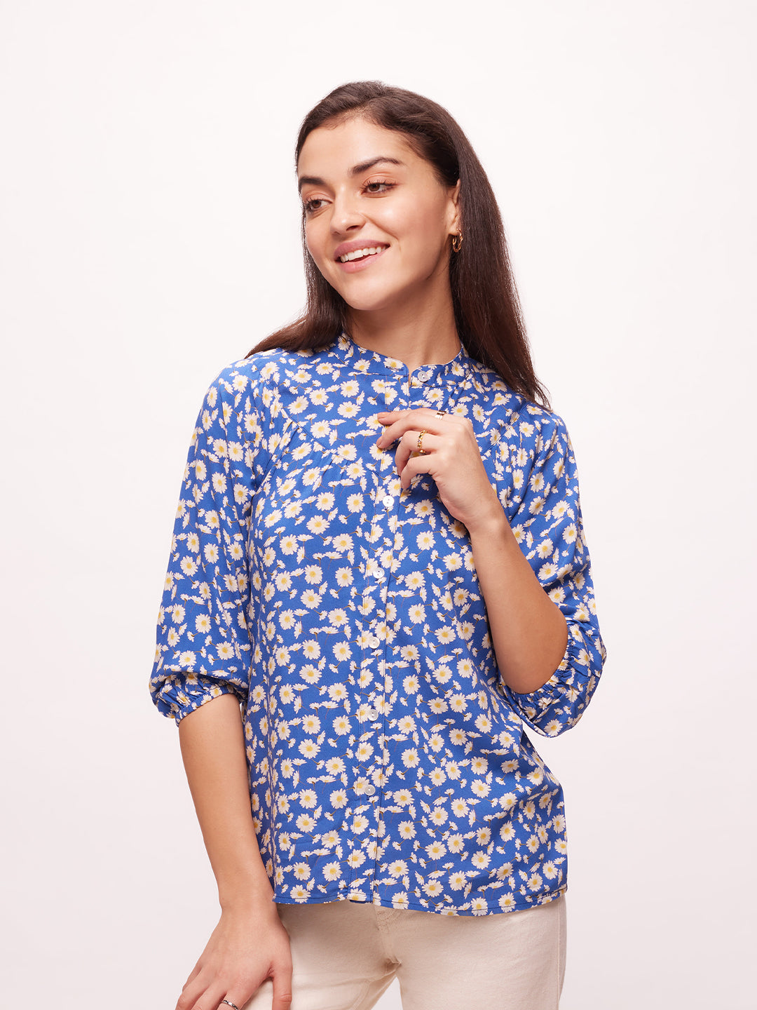 Bombay High Women's Lapis Blue Floral Print Premium Viscose Band Collar Puffed Sleeve Shirt
