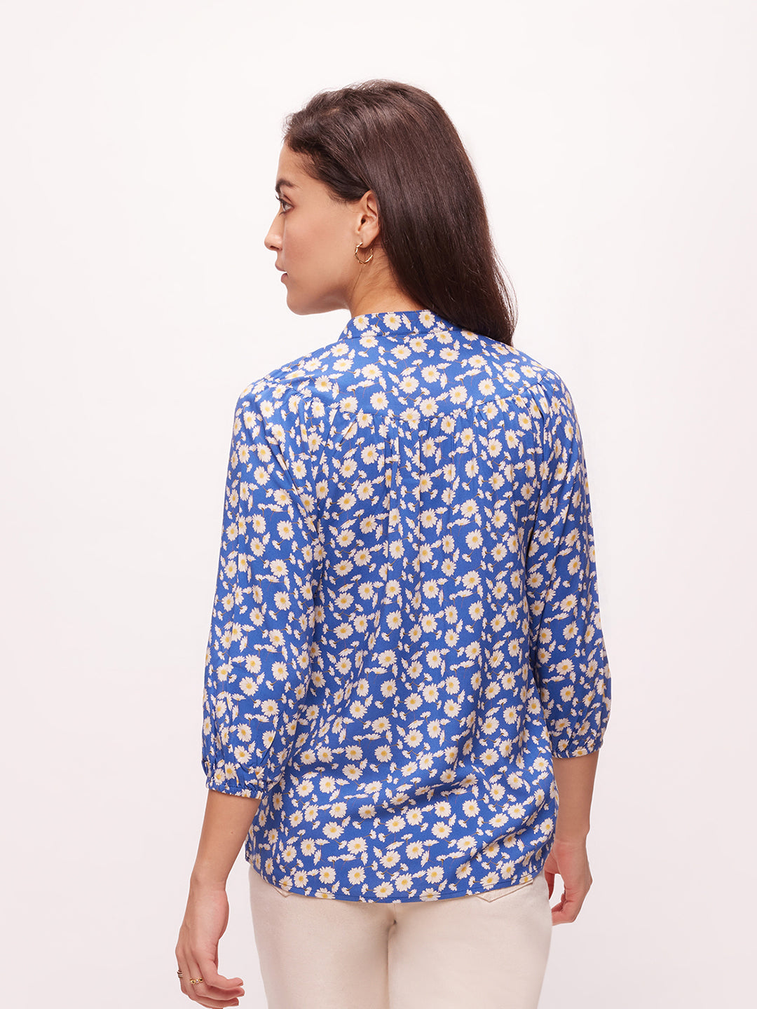 Bombay High Women's Lapis Blue Floral Print Premium Viscose Band Collar Puffed Sleeve Shirt