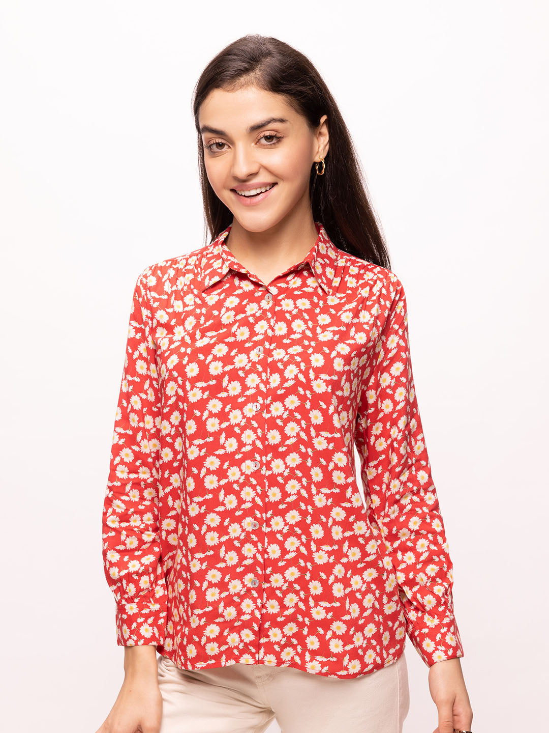 Bombay High Women's Cherry Red Full Sleeves Floral Print Relaxed Fit Shirt