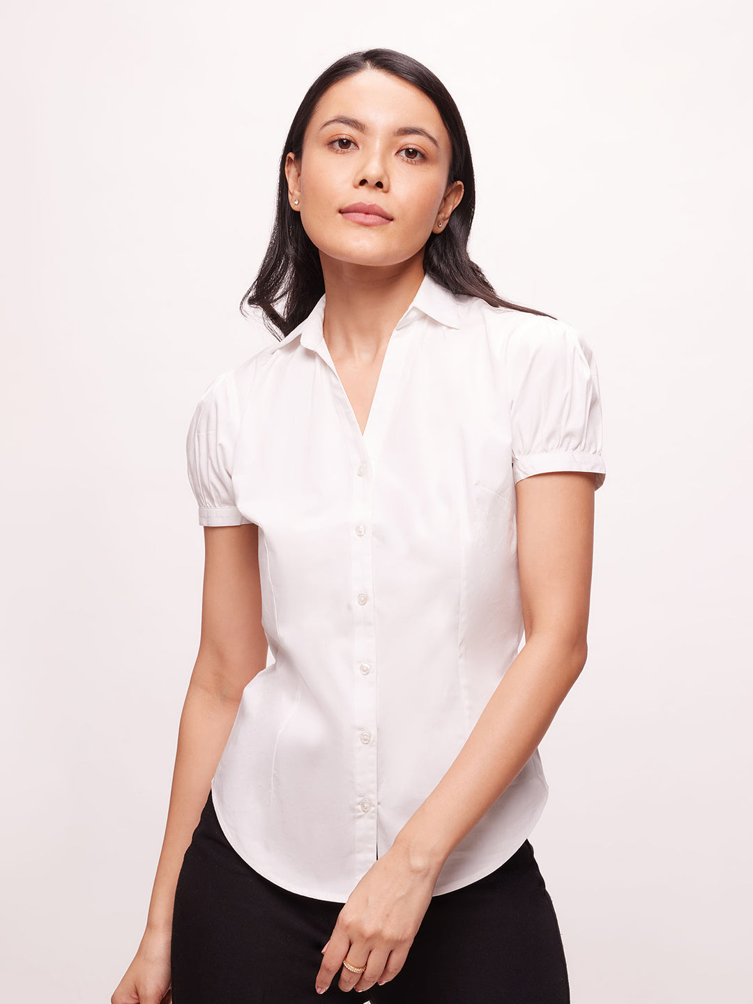 Bombay High Women's Solid Bright White Y-Placket Puffed Sleeve Shirt