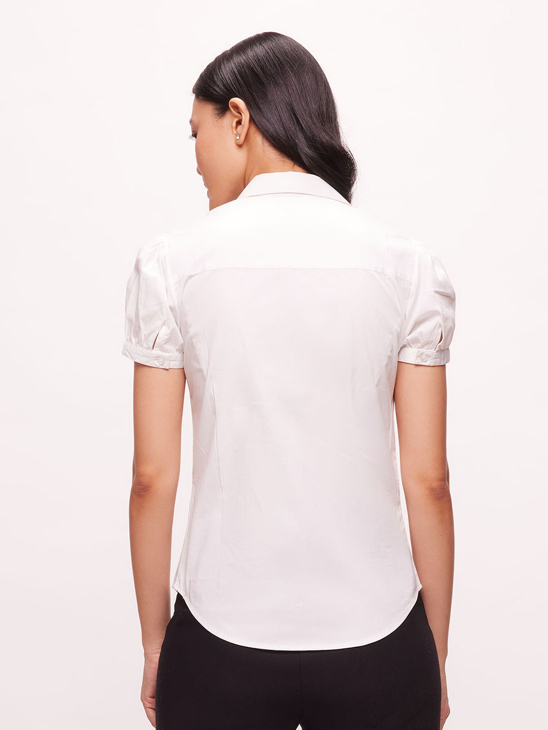 Bombay High Women's Solid Bright White Y-Placket Puffed Sleeve Shirt