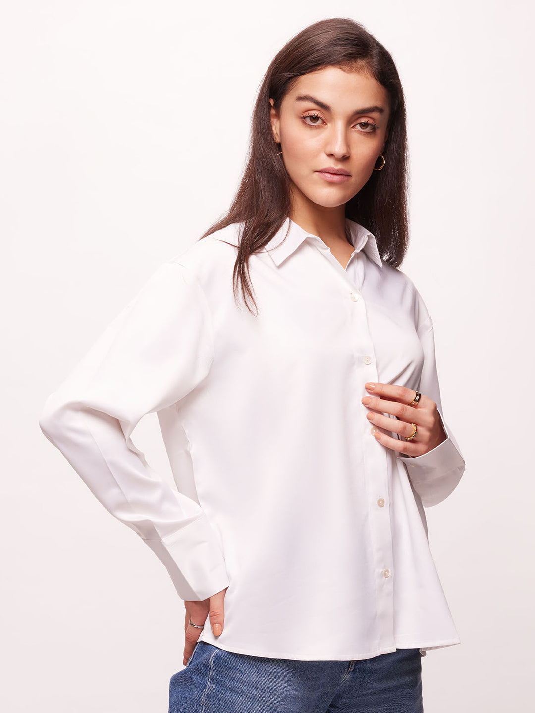Bombay High Women's Pearl White Solid Satin Shirt