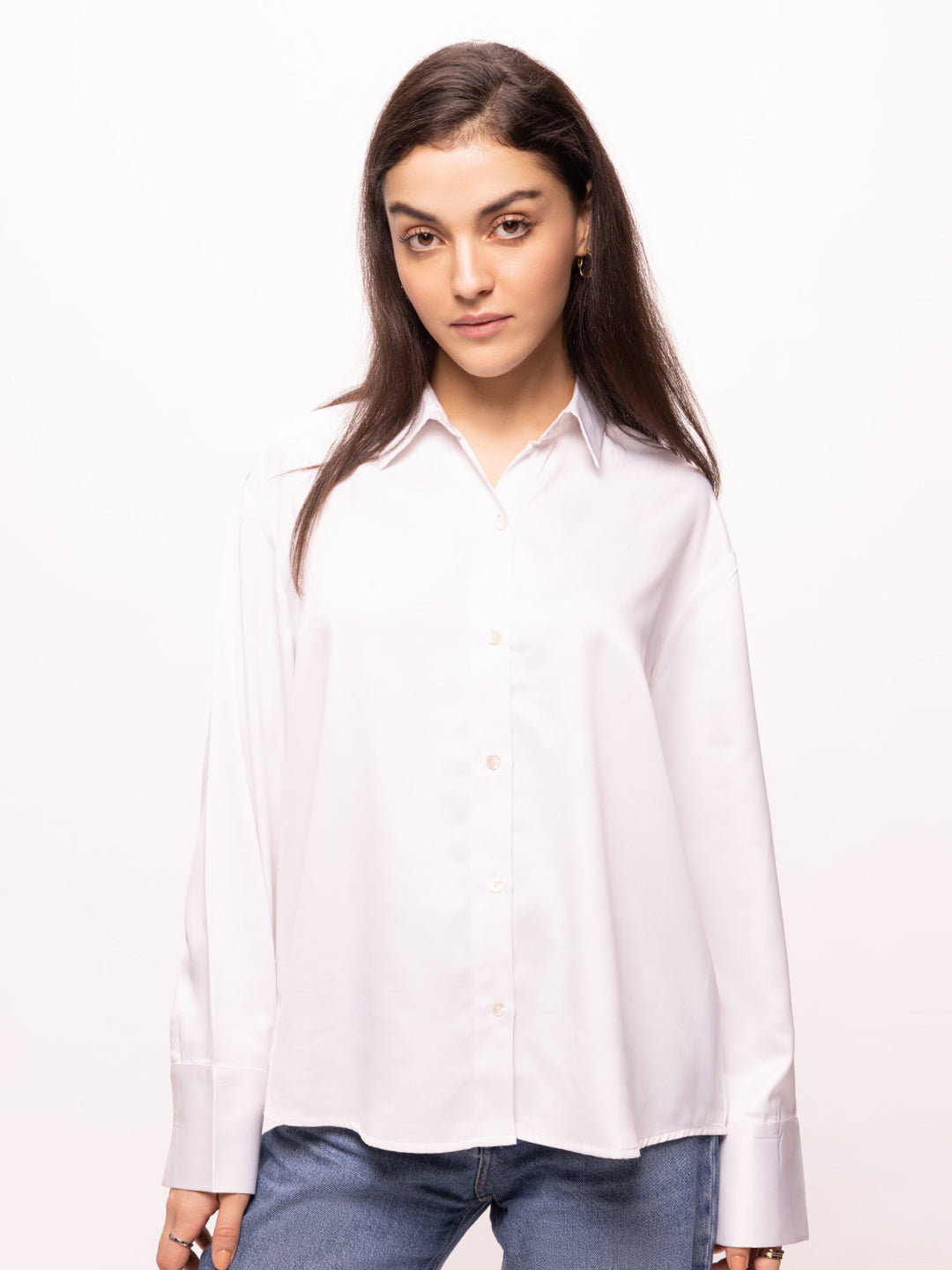 Bombay High Women's Pearl White Solid Satin Shirt