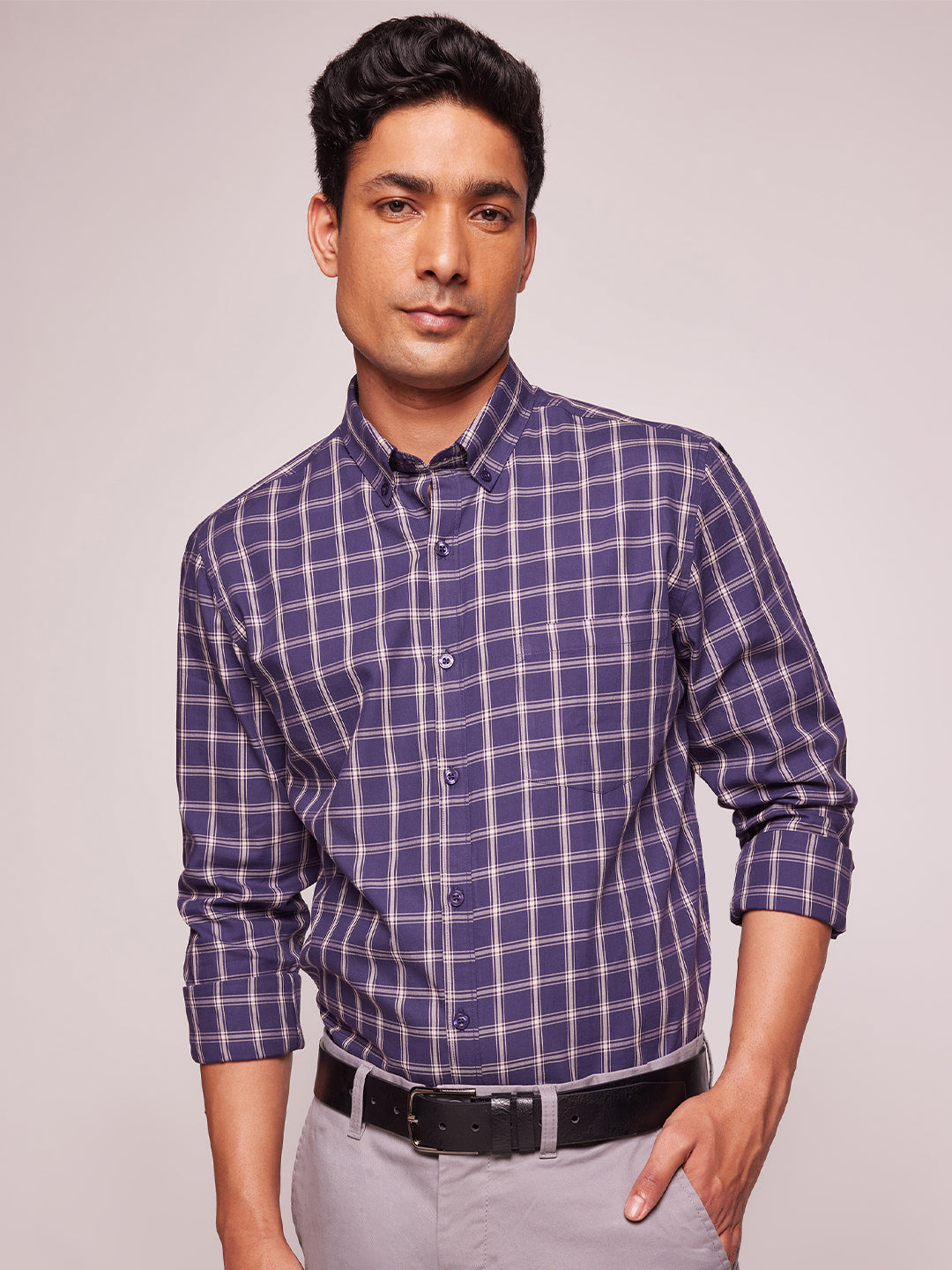 Bombay High Men's Premium Cotton Midnight Blue Checks Shirt