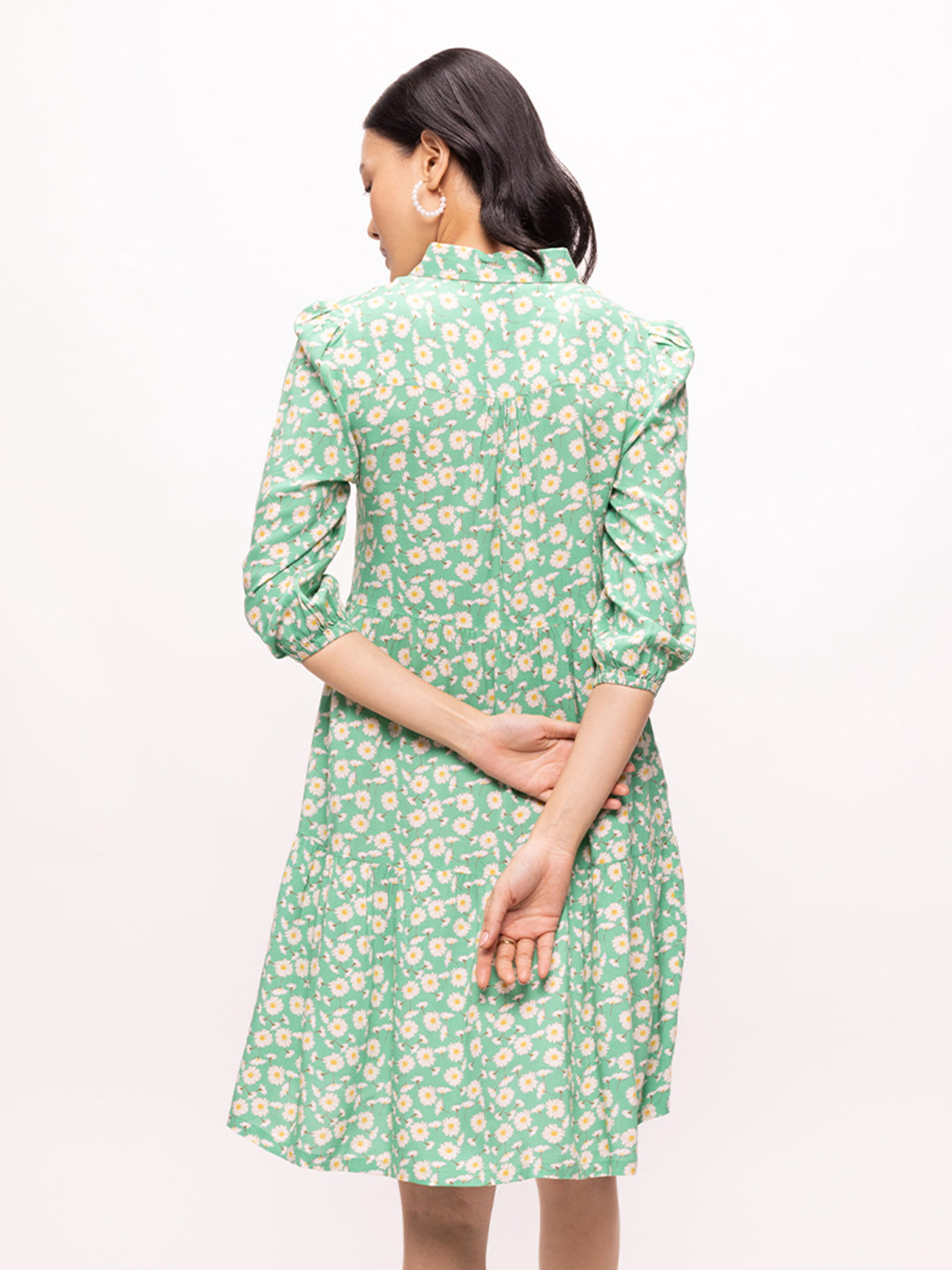 Bombay High Women's Light Green Floral Print Short Length Tiered Dress