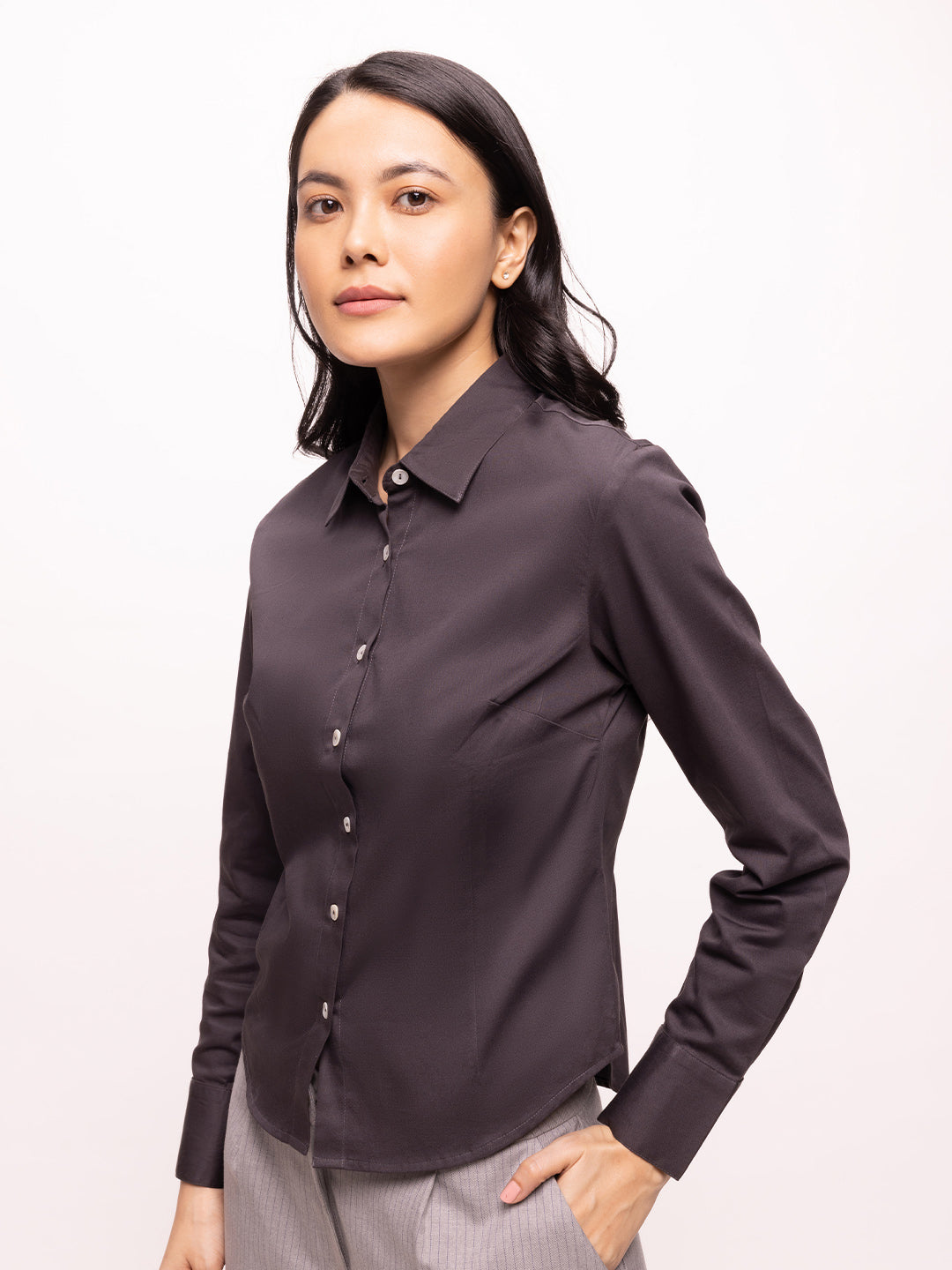 Bombay High Women's Black Olive Solid Premium Cotton Slim Fit Shirt
